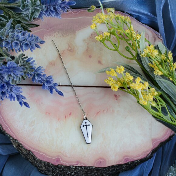 Handmade Feminine Gothic Coffin Threader Earrings - Picture 4 of 5